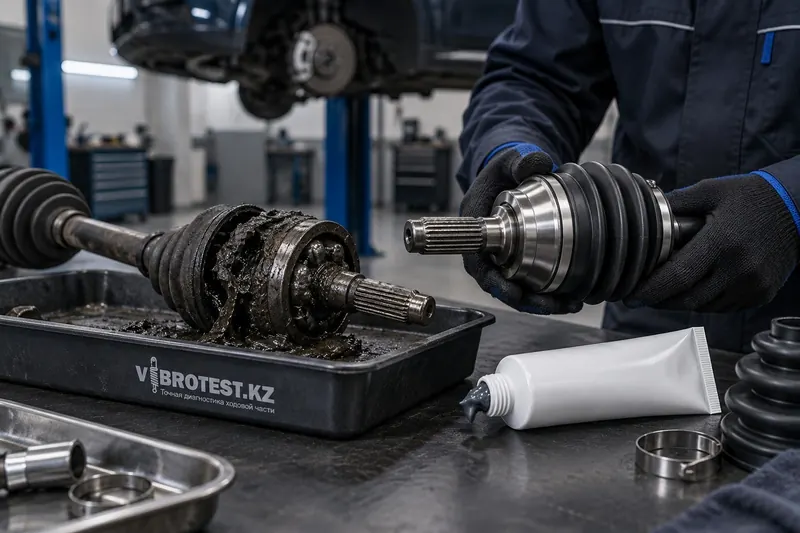 Старый ШРУС в грязной смазке и новый в руках мастера